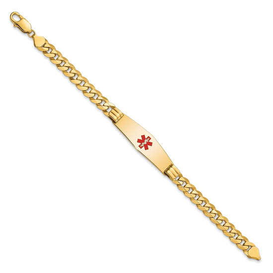 14K Medical Solid Chain/Solid Plate Soft Diamond Shape 40x12mm Centered Red Enamel Flat Curb Link 8 inch ID Bracelet
