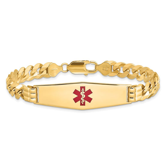 14K Medical Solid Chain/Solid Plate Soft Diamond Shape 40x12mm Centered Red Enamel Flat Curb Link 8 inch ID Bracelet