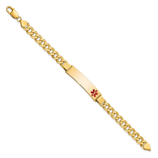 14K Medical Solid Chain/Solid Plate 40x10mm Off-Center Red Enamel Flat Curb Link 8 inch ID Bracelet