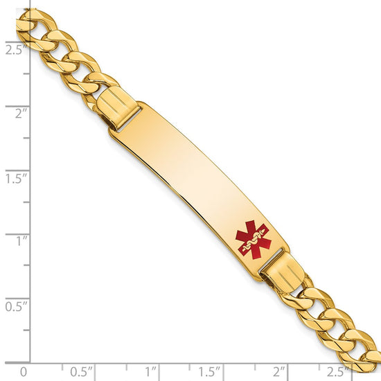 14K Medical Solid Chain/Solid Plate 40x10mm Off-Center Red Enamel Flat Curb Link 8 inch ID Bracelet