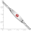 14K White Gold Medical Solid Chain/Solid Plate 24x7mm Soft Diamond Shape Centered Red Enamel Figaro Link 7 inch ID Bracelet