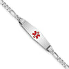 14K White Gold Medical Solid Chain/Solid Plate 24x7mm Soft Diamond Shape Centered Red Enamel Figaro Link 7 inch ID Bracelet