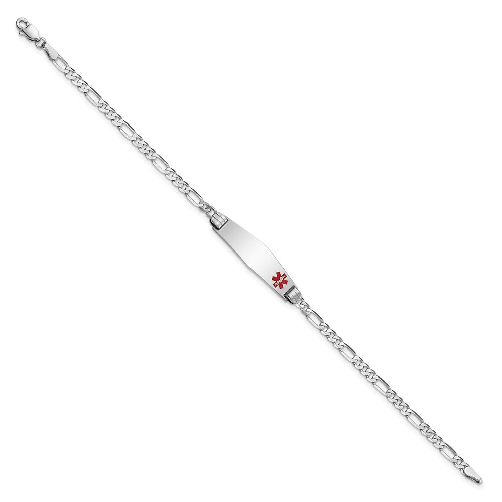 14K White Gold Medical Solid Chain/Solid Plate 26x7mm Soft Diamond Shape Off-Center Red Enamel Figaro Link 7 inch ID Bracelet