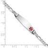 14K White Gold Medical Solid Chain/Solid Plate 26x7mm Soft Diamond Shape Off-Center Red Enamel Figaro Link 7 inch ID Bracelet