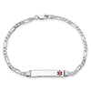 14K White Gold Medical Solid Chain/Solid Plate 26x5mm Off-Center Red Enamel Figaro Link 8 inch ID Bracelet