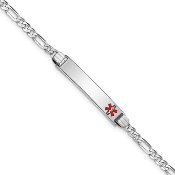 14K White Gold Medical Solid Chain/Solid Plate 26x5mm Off-Center Red Enamel Figaro Link 8 inch ID Bracelet