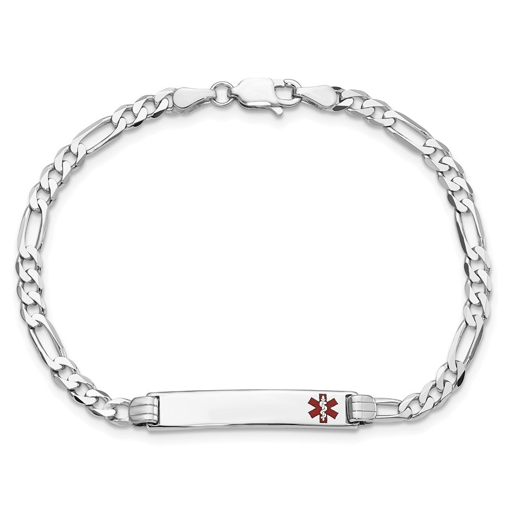 14K White Gold Medical Solid Chain/Solid Plate 26x5mm Off-Center Red Enamel Figaro Link 8 inch ID Bracelet