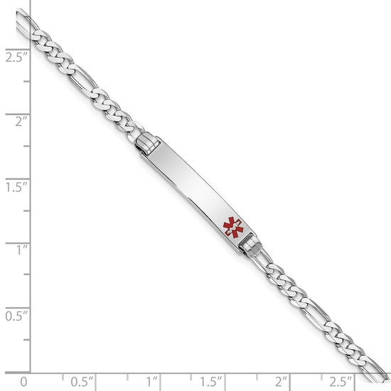 14K White Gold Medical Solid Chain/Solid Plate 26x5mm Off-Center Red Enamel Figaro Link 8 inch ID Bracelet
