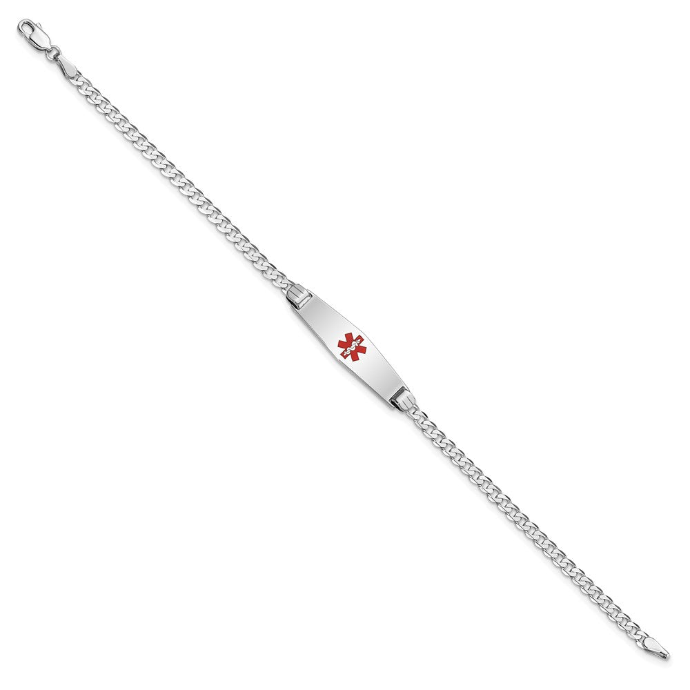 14K White Gold Medical Solid Chain/Solid Plate 24x7mm Soft Diamond Shape Centered Red Enamel Flat Curb Link 7 inch ID Bracelet