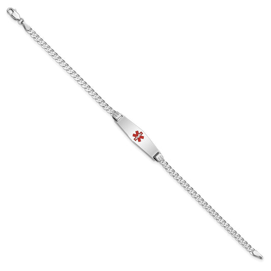 14K White Gold Medical Solid Chain/Solid Plate 24x7mm Soft Diamond Shape Centered Red Enamel Flat Curb Link 7 inch ID Bracelet