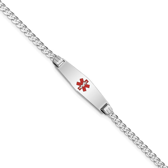 14K White Gold Medical Solid Chain/Solid Plate 24x7mm Soft Diamond Shape Centered Red Enamel Flat Curb Link 7 inch ID Bracelet