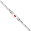 14K White Gold Medical Solid Chain/Solid Plate 24x7mm Soft Diamond Shape Centered Red Enamel Flat Curb Link 7 inch ID Bracelet