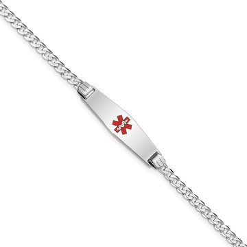 14K White Gold Medical Solid Chain/Solid Plate 24x7mm Soft Diamond Shape Centered Red Enamel Flat Curb Link 7 inch ID Bracelet