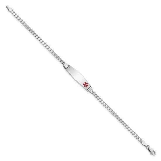14K White Gold Medical Solid Chain/Solid Plate 26x7mm Soft Diamond Shape Off-Center Red Enamel Flat Curb Link 7 inch ID Bracelet