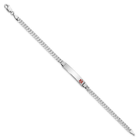 14K White Gold Medical Solid Chain/Solid Plate 26x5mm Off-Center Red Enamel Flat Curb Link 8 inch ID Bracelet