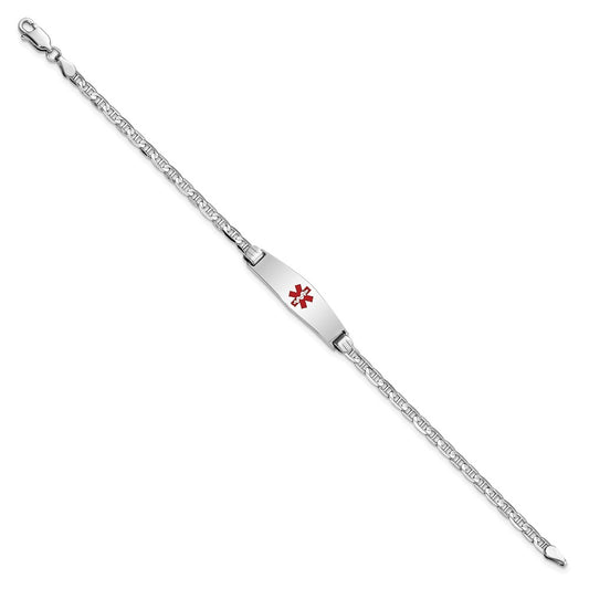 14K White Gold Medical Solid Chain/Solid Plate 24x7mm Soft Diamond Shape Centered Red Enamel Anchor Link 8 inch ID Bracelet