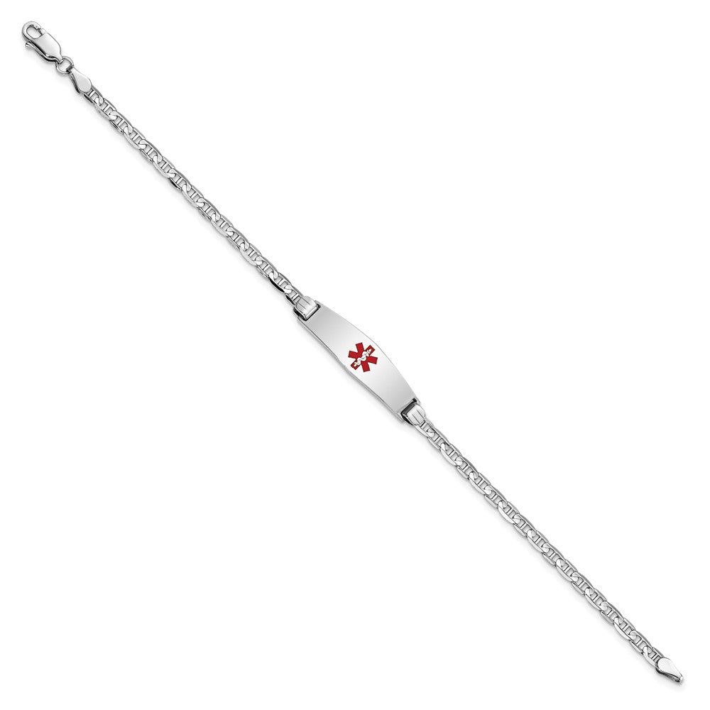 14K White Gold Medical Solid Chain/Solid Plate 24x7mm Soft Diamond Shape Centered Red Enamel Anchor Link 8 inch ID Bracelet