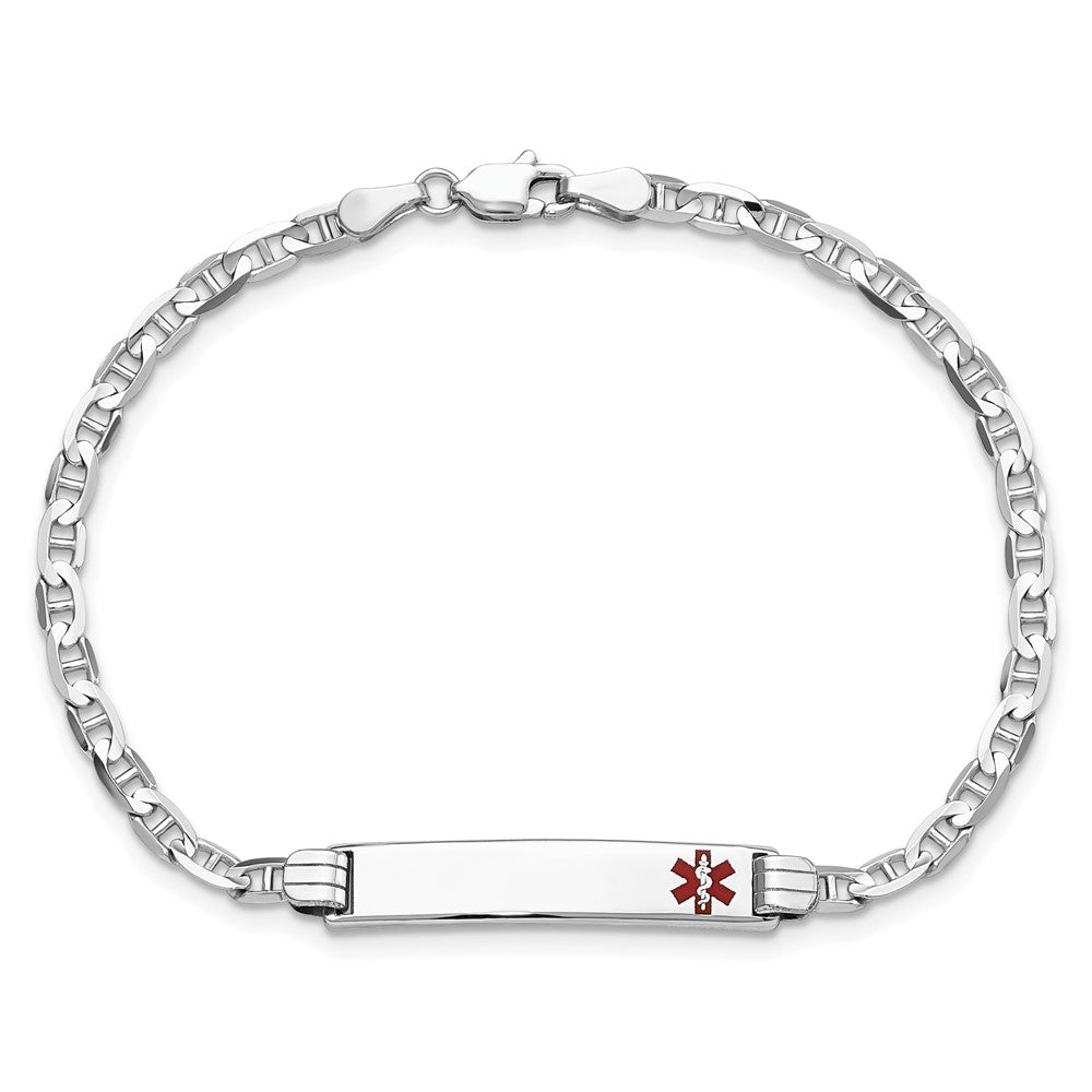 14K White Gold Medical Solid Chain/Solid Plate 26x5mm Off-Center Red Enamel Anchor Link 8 inch ID Bracelet