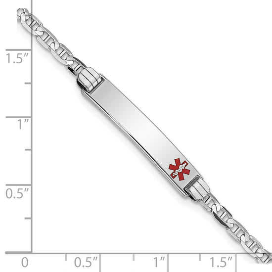 14K White Gold Medical Solid Chain/Solid Plate 26x5mm Off-Center Red Enamel Anchor Link 8 inch ID Bracelet