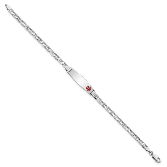 14K White Gold Medical Solid Chain/Solid Plate 26x7mm Soft Diamond Shape Off-Center Red Enamel Anchor Link 7 inch ID Bracelet
