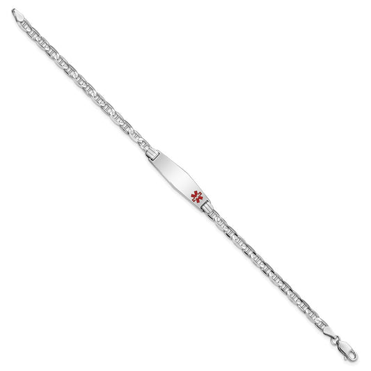 14K White Gold Medical Solid Chain/Solid Plate 26x7mm Soft Diamond Shape Off-Center Red Enamel Anchor Link 7 inch ID Bracelet