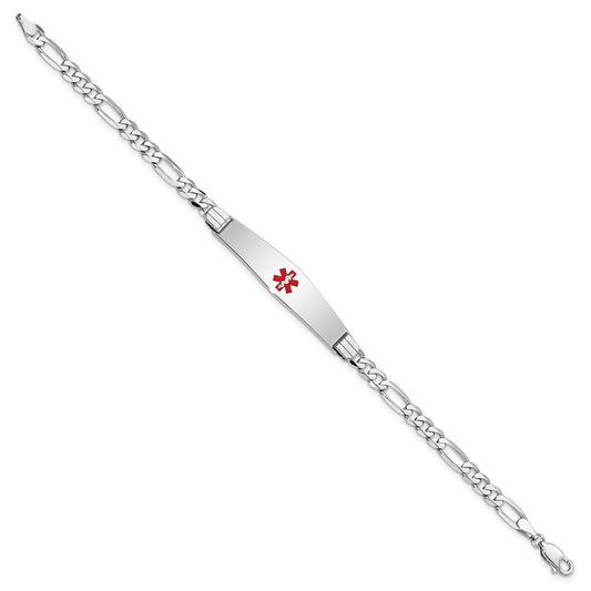 14K White Gold Medical Solid Chain/Solid Plate Soft Diamond Shape 36x9mm Centered Red Enamel Figaro Link 7 inch ID Bracelet