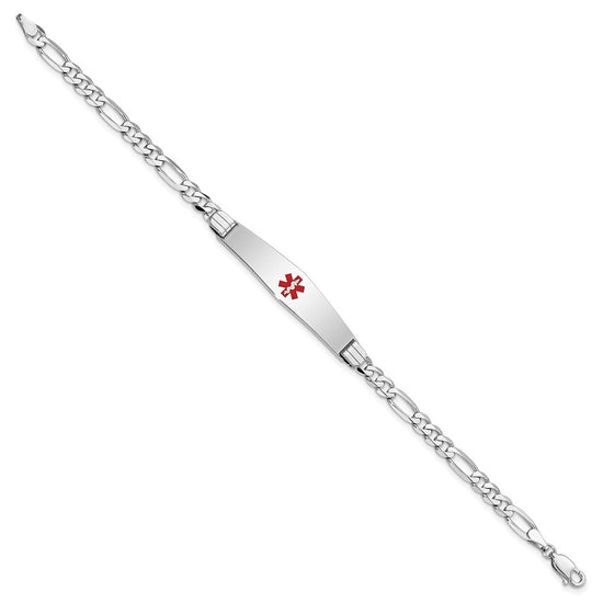 14K White Gold Medical Solid Chain/Solid Plate Soft Diamond Shape 36x9mm Centered Red Enamel Figaro Link 8 inch ID Bracelet