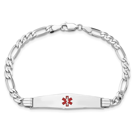 14K White Gold Medical Solid Chain/Solid Plate Soft Diamond Shape 36x9mm Centered Red Enamel Figaro Link 8 inch ID Bracelet