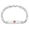 14K White Gold Medical Solid Chain/Solid Plate Soft Diamond Shape 36x9mm Centered Red Enamel Figaro Link 8 inch ID Bracelet