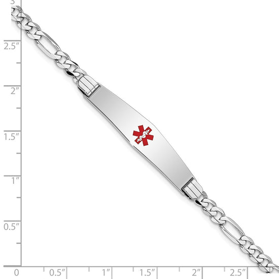 14K White Gold Medical Solid Chain/Solid Plate Soft Diamond Shape 36x9mm Centered Red Enamel Figaro Link 8 inch ID Bracelet
