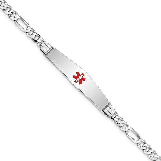 14K White Gold Medical Solid Chain/Solid Plate Soft Diamond Shape 36x9mm Centered Red Enamel Figaro Link 7 inch ID Bracelet