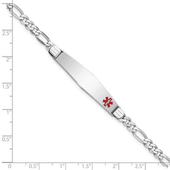 14K White Gold Medical Solid Chain/Solid Plate Soft Diamond Shape 37x9mm Off-Center Red Enamel Figaro Link 7 inch ID Bracelet