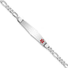 14K White Gold Medical Solid Chain/Solid Plate Soft Diamond Shape 37x9mm Off-Center Red Enamel Figaro Link 7 inch ID Bracelet
