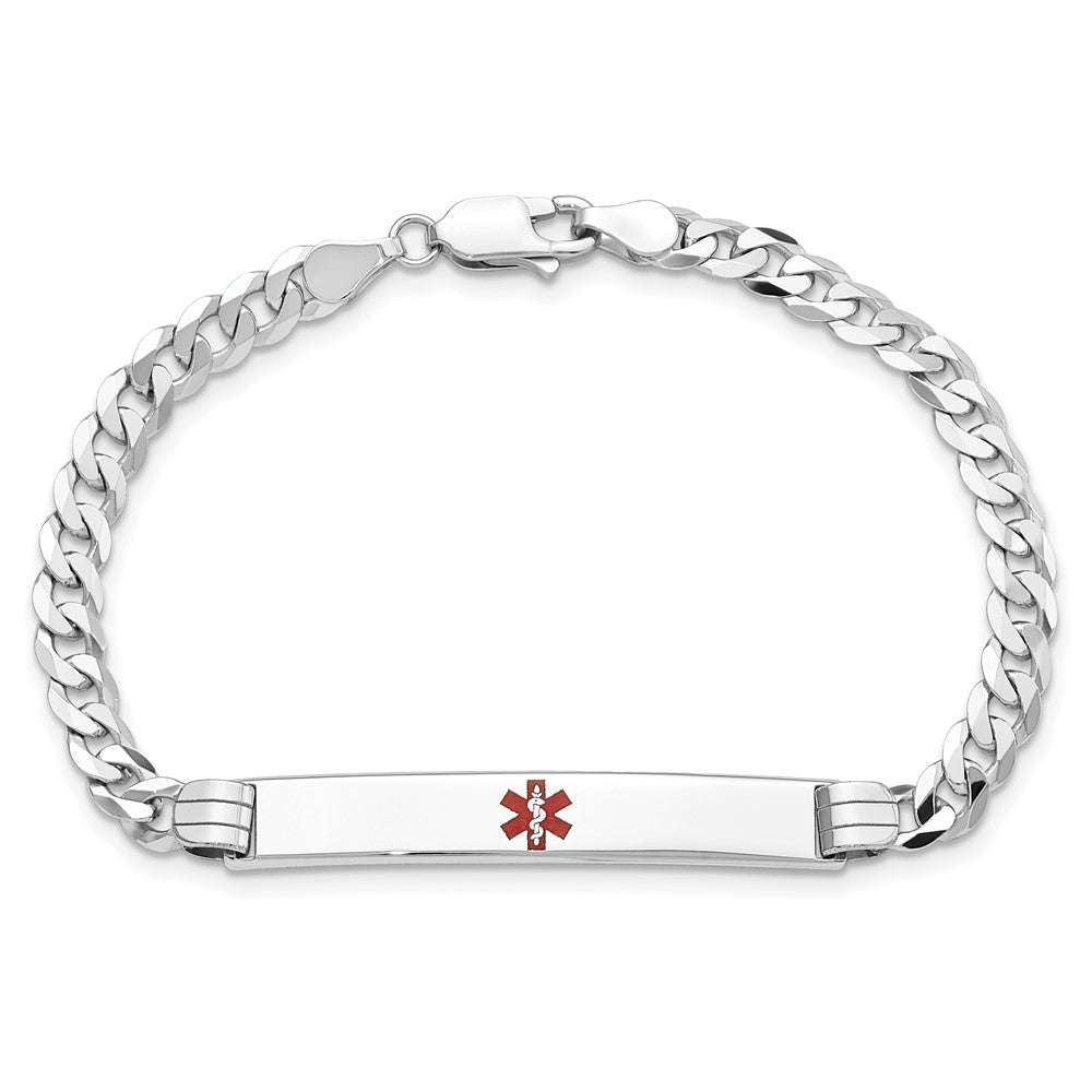 14K White Gold Medical Solid Chain/Solid Plate 37x6mm Centered Red Enamel Flat Curb Link 8 inch ID Bracelet