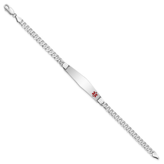 14K White Gold Medical Solid Chain/Solid Plate Soft Diamond Shape 37x9mm Off-Center Red Enamel Flat Curb Link 7 inch ID Bracelet