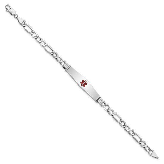 14K White Gold Medical Semi-Solid Chain/Solid Plate Soft Diamond Shape 37x9mm Centered Red Enamel Figaro Link 8 inch ID Bracelet