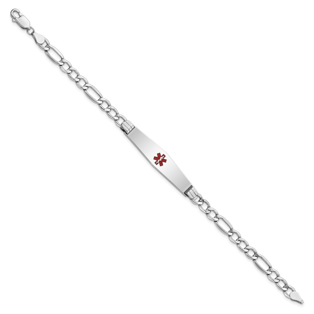 14K White Gold Medical Semi-Solid Chain/Solid Plate Soft Diamond Shape 37x9mm Centered Red Enamel Figaro Link 8 inch ID Bracelet