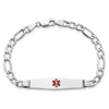 14K White Gold Medical Semi-Solid Chain/Solid Plate Soft Diamond Shape 37x9mm Centered Red Enamel Figaro Link 8 inch ID Bracelet