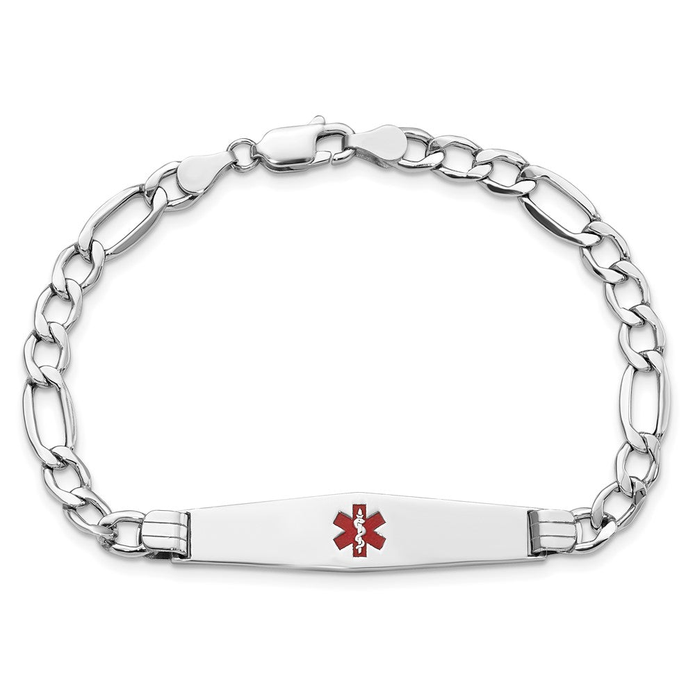 14K White Gold Medical Semi-Solid Chain/Solid Plate Soft Diamond Shape 37x9mm Centered Red Enamel Figaro Link 8 inch ID Bracelet