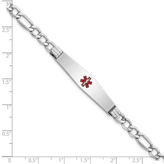 14K White Gold Medical Semi-Solid Chain/Solid Plate Soft Diamond Shape 37x9mm Centered Red Enamel Figaro Link 8 inch ID Bracelet