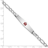 14K White Gold Medical Semi-Solid Chain/Solid Plate Soft Diamond Shape 37x9mm Centered Red Enamel Figaro Link 8 inch ID Bracelet