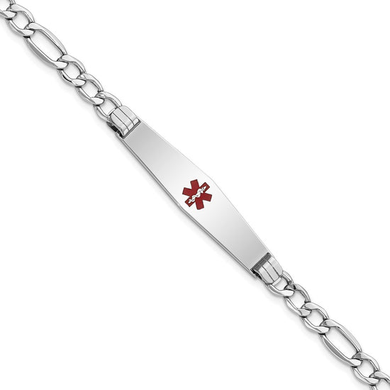14K White Gold Medical Semi-Solid Chain/Solid Plate Soft Diamond Shape 37x9mm Centered Red Enamel Figaro Link 8 inch ID Bracelet