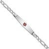 14K White Gold Medical Semi-Solid Chain/Solid Plate Soft Diamond Shape 37x9mm Centered Red Enamel Figaro Link 8 inch ID Bracelet