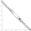 14K White Gold Medical Semi-Solid Chain/Solid Plate Soft Diamond Shape 37x9mm Off-Center Red Enamel Figaro Link 8 inch ID Bracelet
