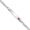 14K White Gold Medical Semi-Solid Chain/Solid Plate Soft Diamond Shape 37x9mm Off-Center Red Enamel Cuban Link 8 inch ID Bracelet