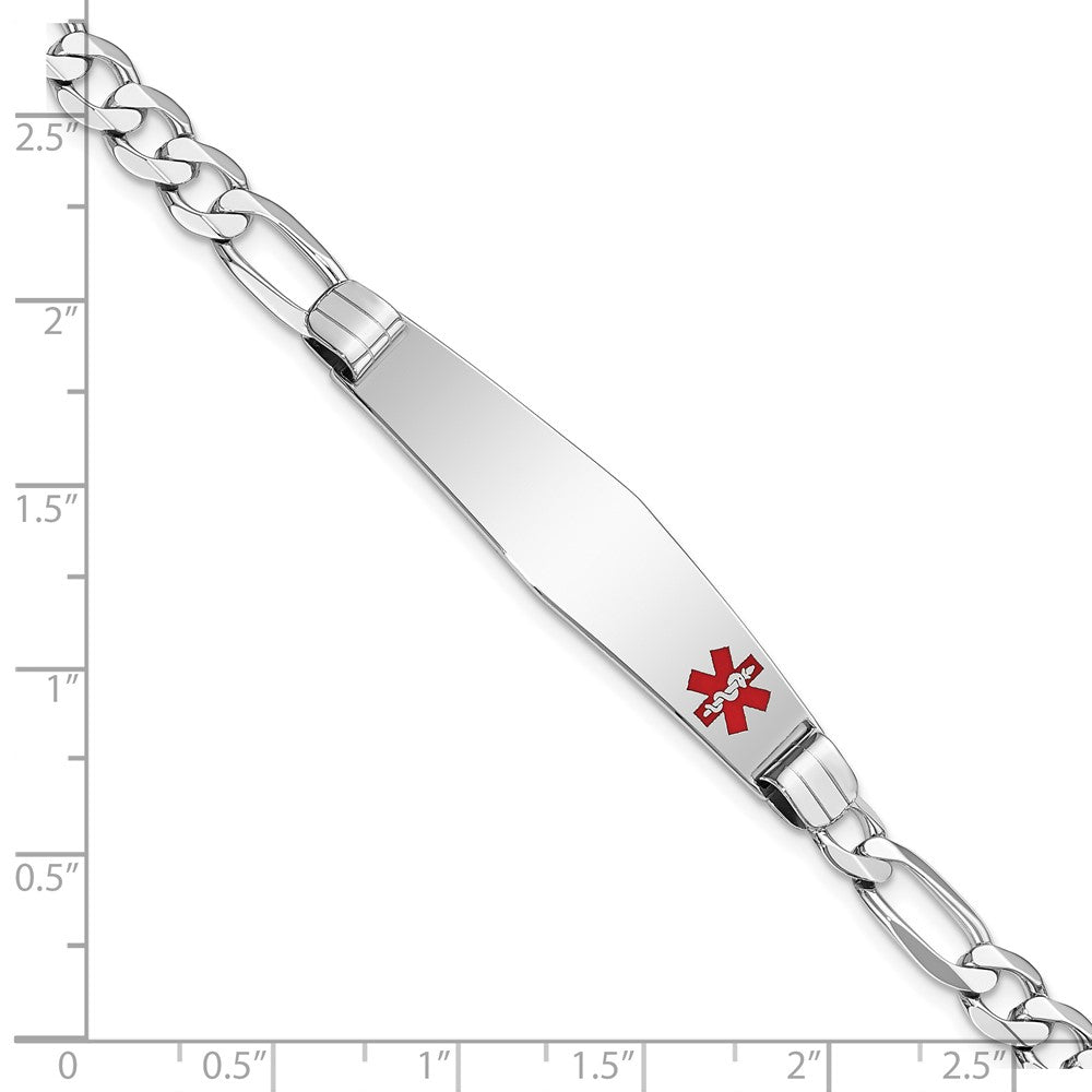 14K White Gold Medical Solid Chain/Solid Plate Soft Diamond Shape 38x9mm Off-Center Red Enamel Figaro Link 7 inch ID Bracelet