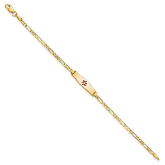 14k Medical Solid Chain/Solid Plate 20x5mm Soft Diamond Shape Centered Red Enamel Figaro Link 6 inch Baby/Child ID Bracelet