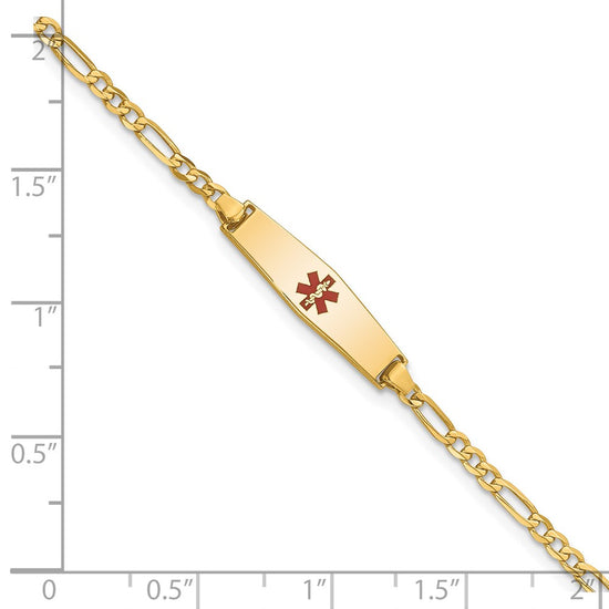 14k Medical Solid Chain/Solid Plate 20x5mm Soft Diamond Shape Centered Red Enamel Figaro Link 6 inch Baby/Child ID Bracelet