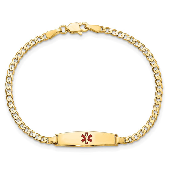 14k Medical Solid Chain/Solid Plate 20x5mm Soft Diamond Shape Centered Red Enamel Curb Link 8 inch ID Bracelet
