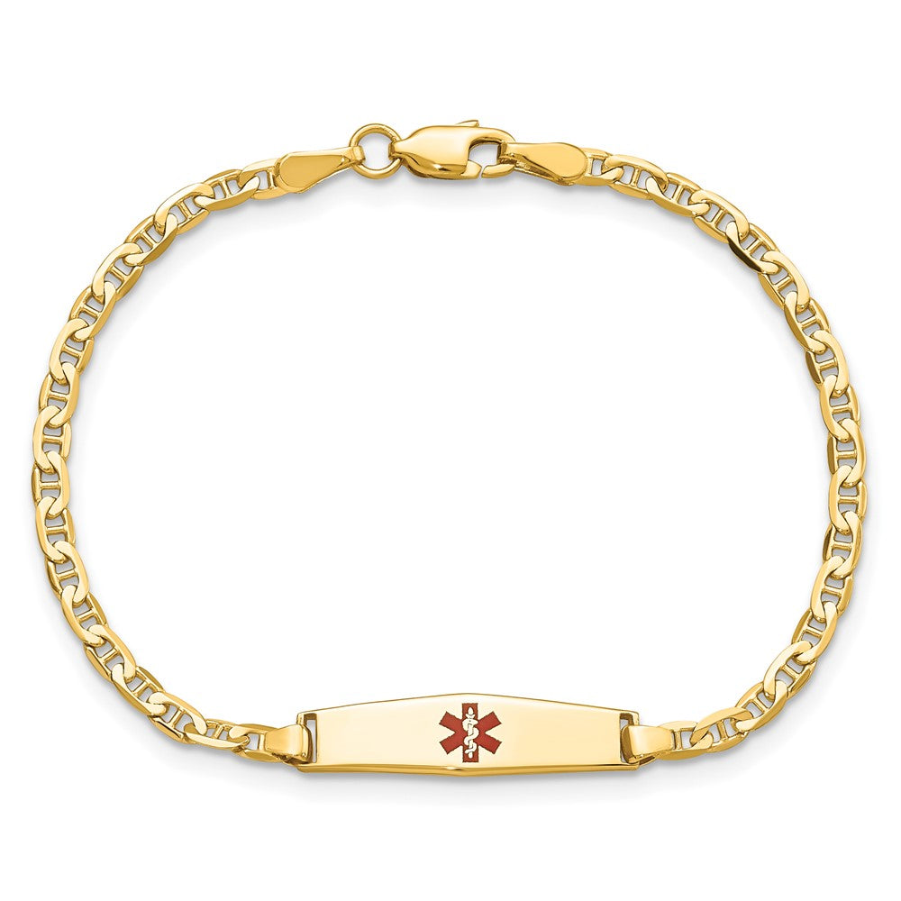 14k Medical Solid Chain/Solid Plate 20x5mm Soft Diamond Shape Centered Red Enamel Flat Anchor Link 6 inch Baby/Child ID Bracelet